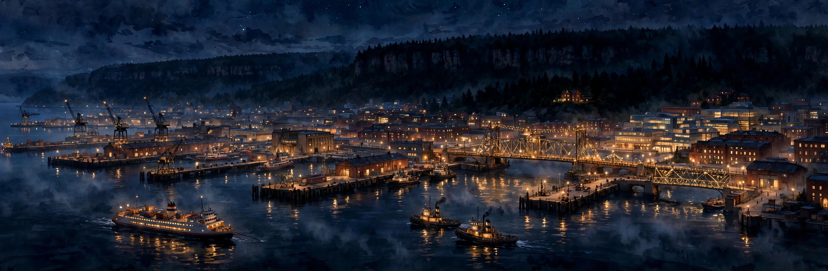 Painting: Greyhaven harbour at night — lamplit quays and dark water, the city on its night watch