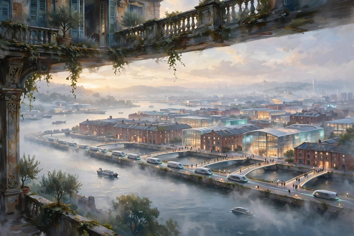 Illustration: Greyhaven harbour at dawn, freight sliding along the lower causeway beneath brightening pedestrian bridges