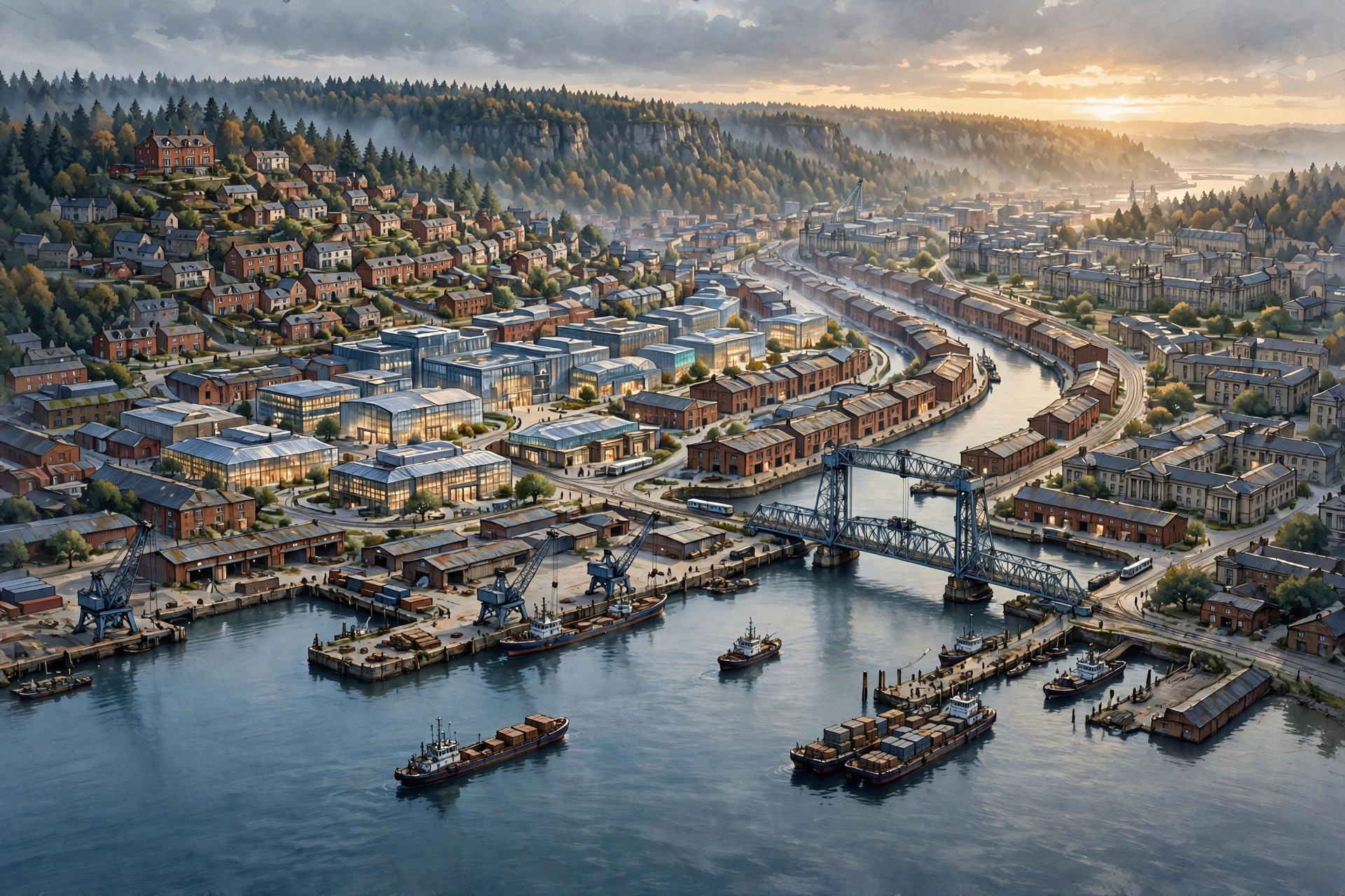 Painting of Greyhaven seen from above the harbour: quays and cranes along the water, canal warehouse districts, the glass civic quarter, a red-brick house on the steep hillside, tram lines threading the streets, and the fir-covered North Range behind